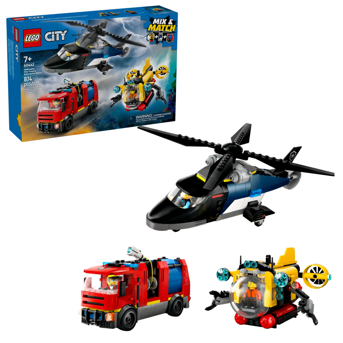 LEGO - Ensemble Hélicoptère, Camion de Pompiers et Sous-Marin 60462 *Boite Endommagée*-helicopter-fire-truck-submarine-remix-costco