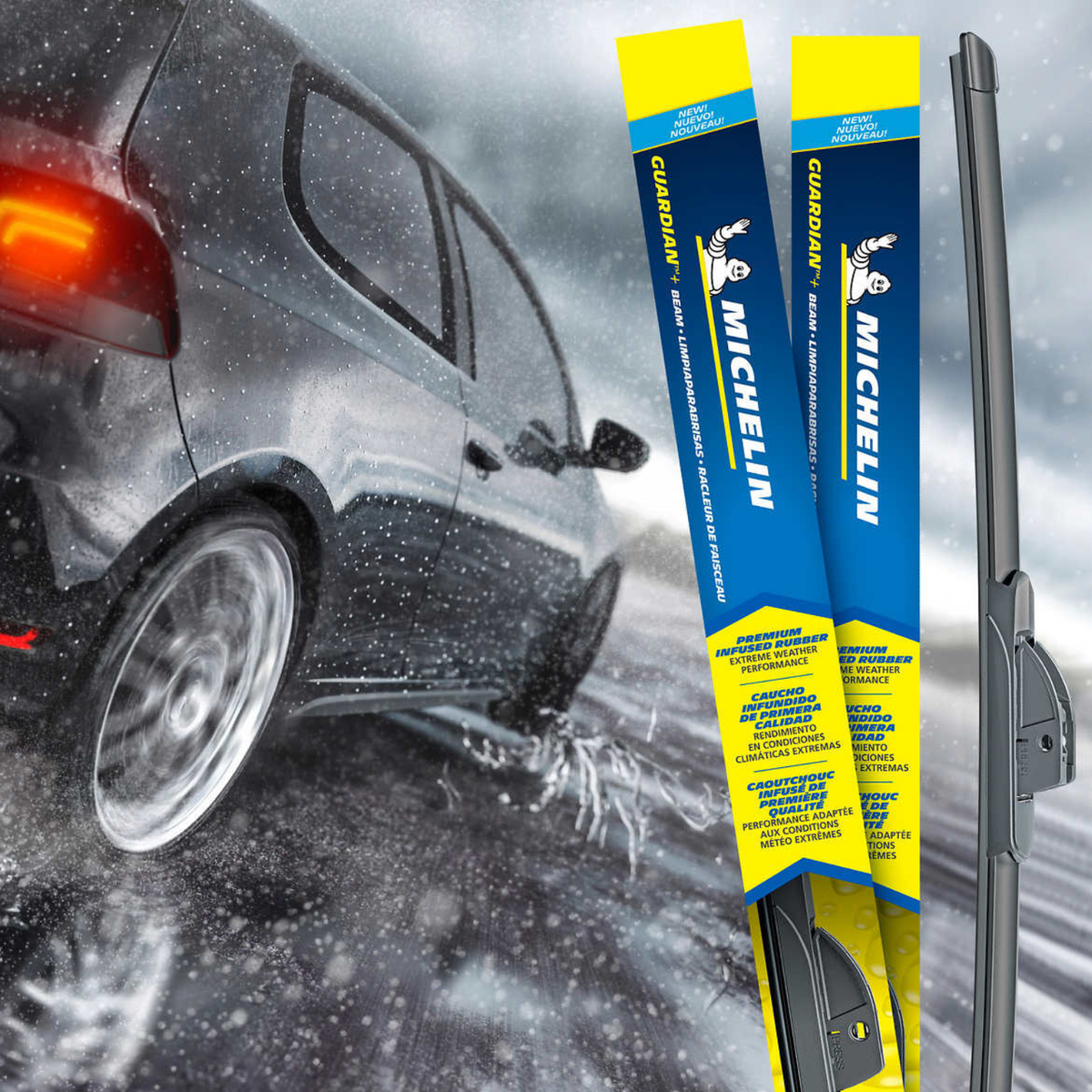 MICHELIN – Balai d’essuie-glace à faisceau Guardian+ avec conception aérodynamique, caoutchouc de qualité supérieure et connecteur Fast-Loc pour une installation facile | MICHELIN – Guardian+ Beam Wiper Blade with aerodynamic design, premium rubber and Fast-Loc connector for easy installation.