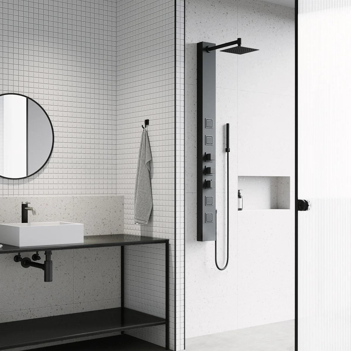 VIGO - Panneau de douche Sutton à 4 Jets avec Tête Carée et Douchette à Main *Boite Ouverte*-Sutton 4-jet Shower Panel with Square Shower Head and Hand Shower Wand-costco-1791208-noir-black-2