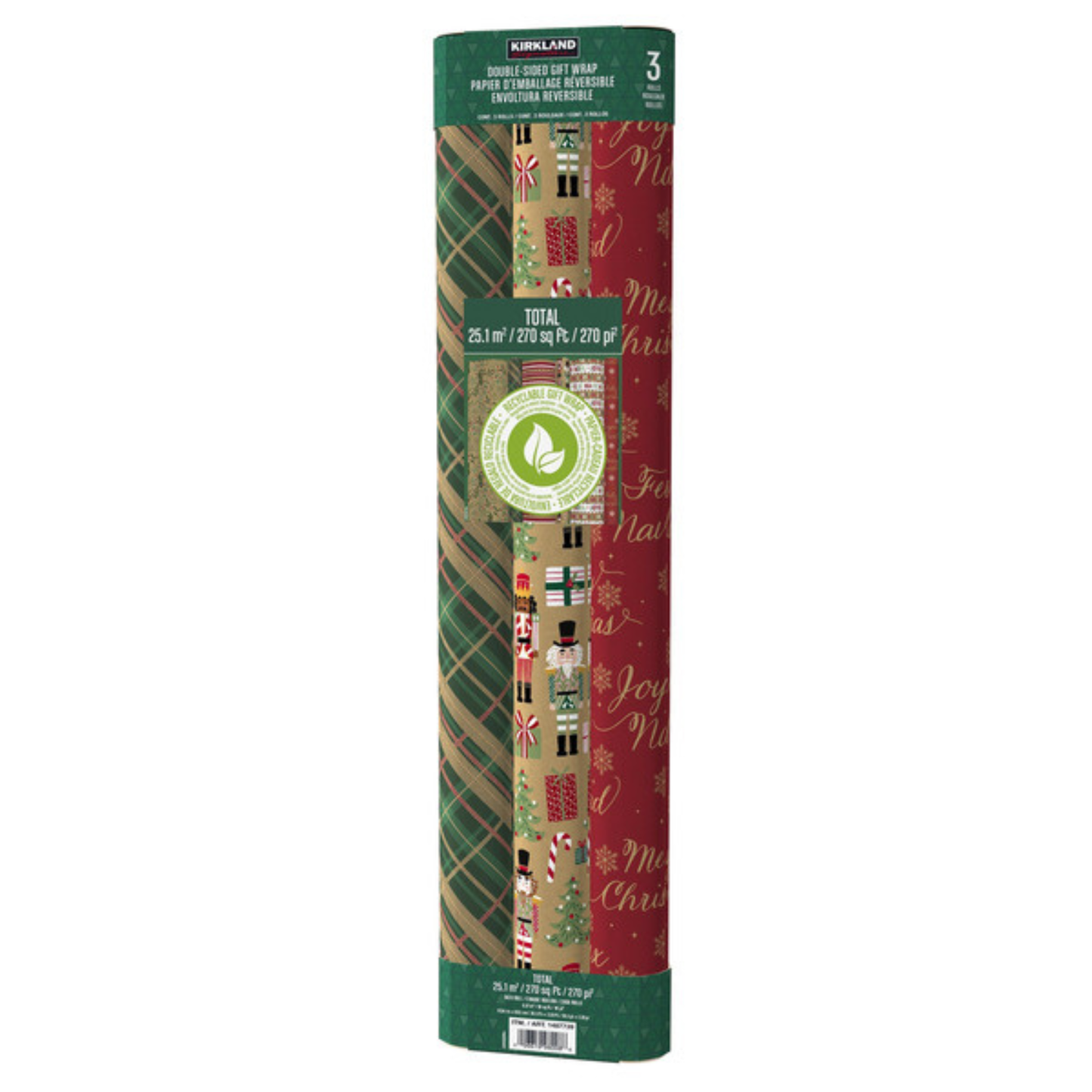 KIRKLAND SIGNATURE - Paquet de 3 Papiers d'Emballage Réversibles-double-sided-gift-wrap-pack-costco-1487739-vert-green