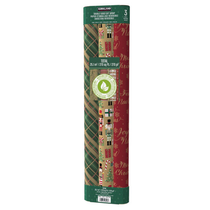 KIRKLAND SIGNATURE - Paquet de 3 Papiers d'Emballage Réversibles-double-sided-gift-wrap-pack-costco-1487739-vert-green