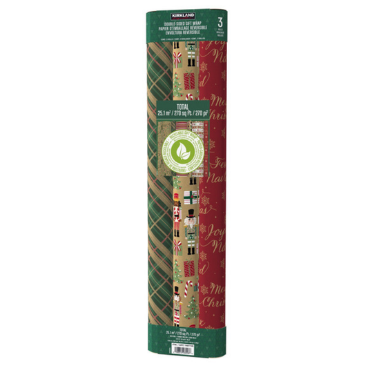 KIRKLAND SIGNATURE - Paquet de 3 Papiers d'Emballage Réversibles-double-sided-gift-wrap-pack-costco-1487739-vert-green