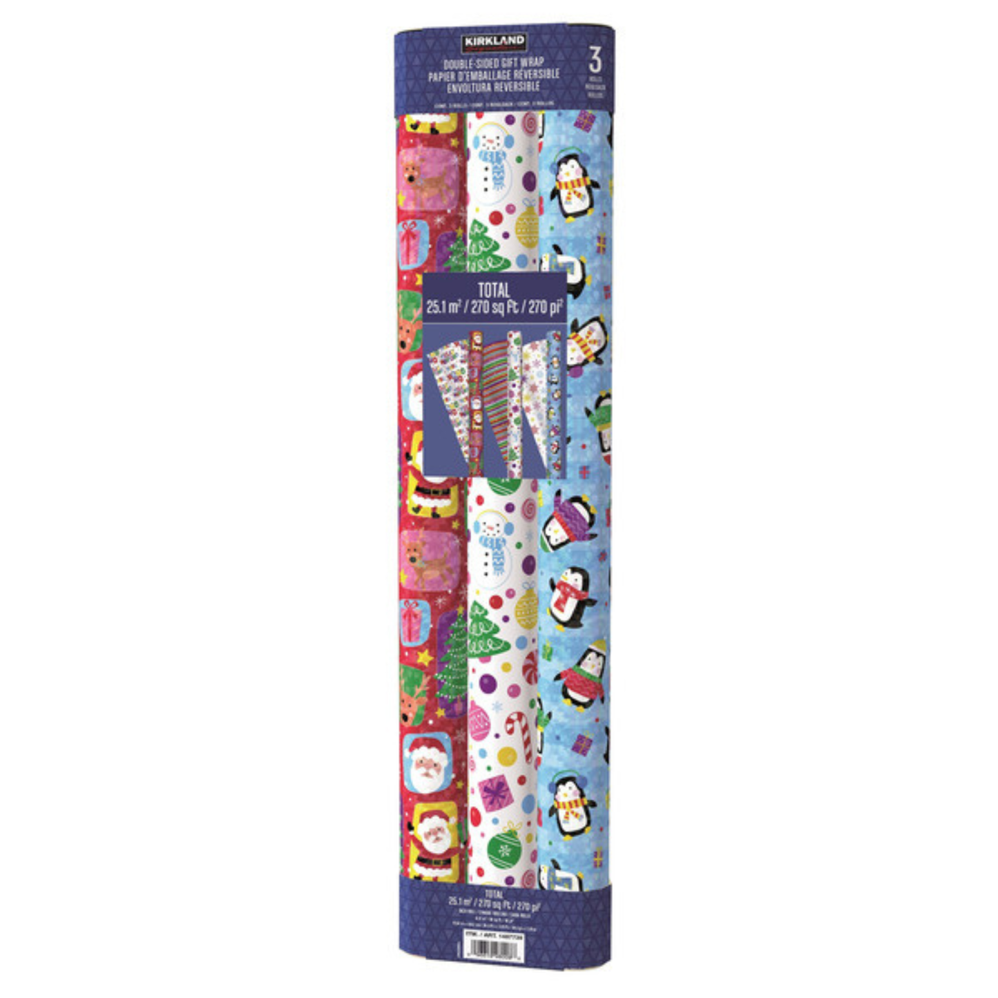 KIRKLAND SIGNATURE - Paquet de 3 Papiers d'Emballage Réversibles-double-sided-gift-wrap-pack-costco-1487739-bleu-blue
