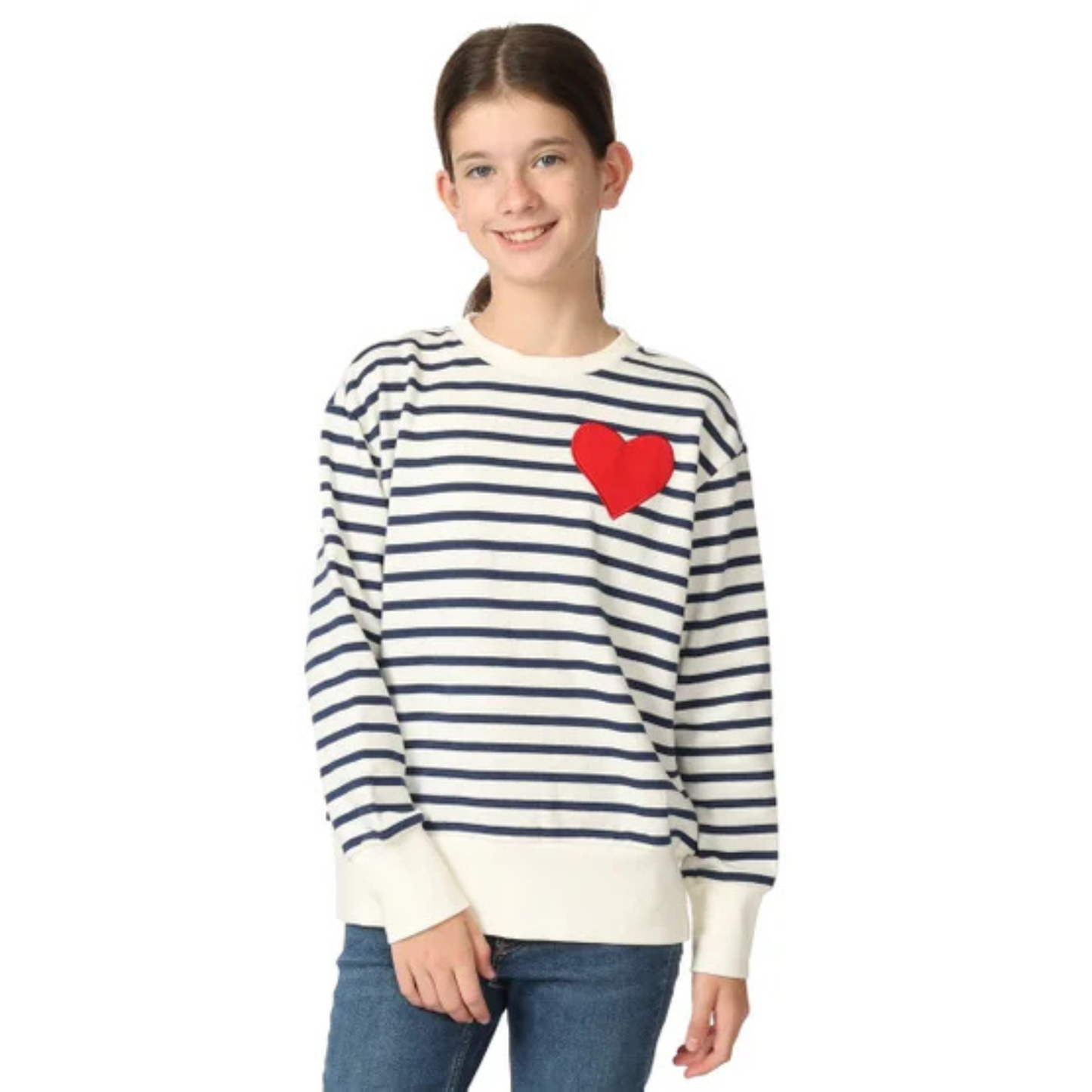 GAP KIDS -Chandail en Molleton à Col Rond pour Fille-Girls-Crew-Sweatshirt-Ligné-Marine-Blanc-Coeur-Rouge-Multi-Stripe-Navy-White-Red-Heart-4432626-1953988