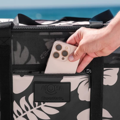CLEVERMADE - Fourre-Tout de Plage Pliable Aloha-Collapsible-Beach-Tote-Noir-Fleur-Beige-Flower-Black-1872241-2061913