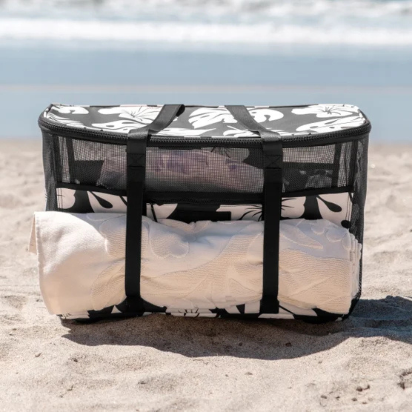 CLEVERMADE - Fourre-Tout de Plage Pliable Aloha-Collapsible-Beach-Tote-Noir-Fleur-Beige-Flower-Black-1872241-2061913