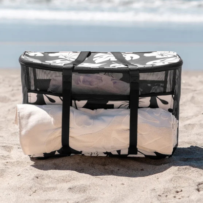 CLEVERMADE - Fourre-Tout de Plage Pliable Aloha-Collapsible-Beach-Tote-Noir-Fleur-Beige-Flower-Black-1872241-2061913