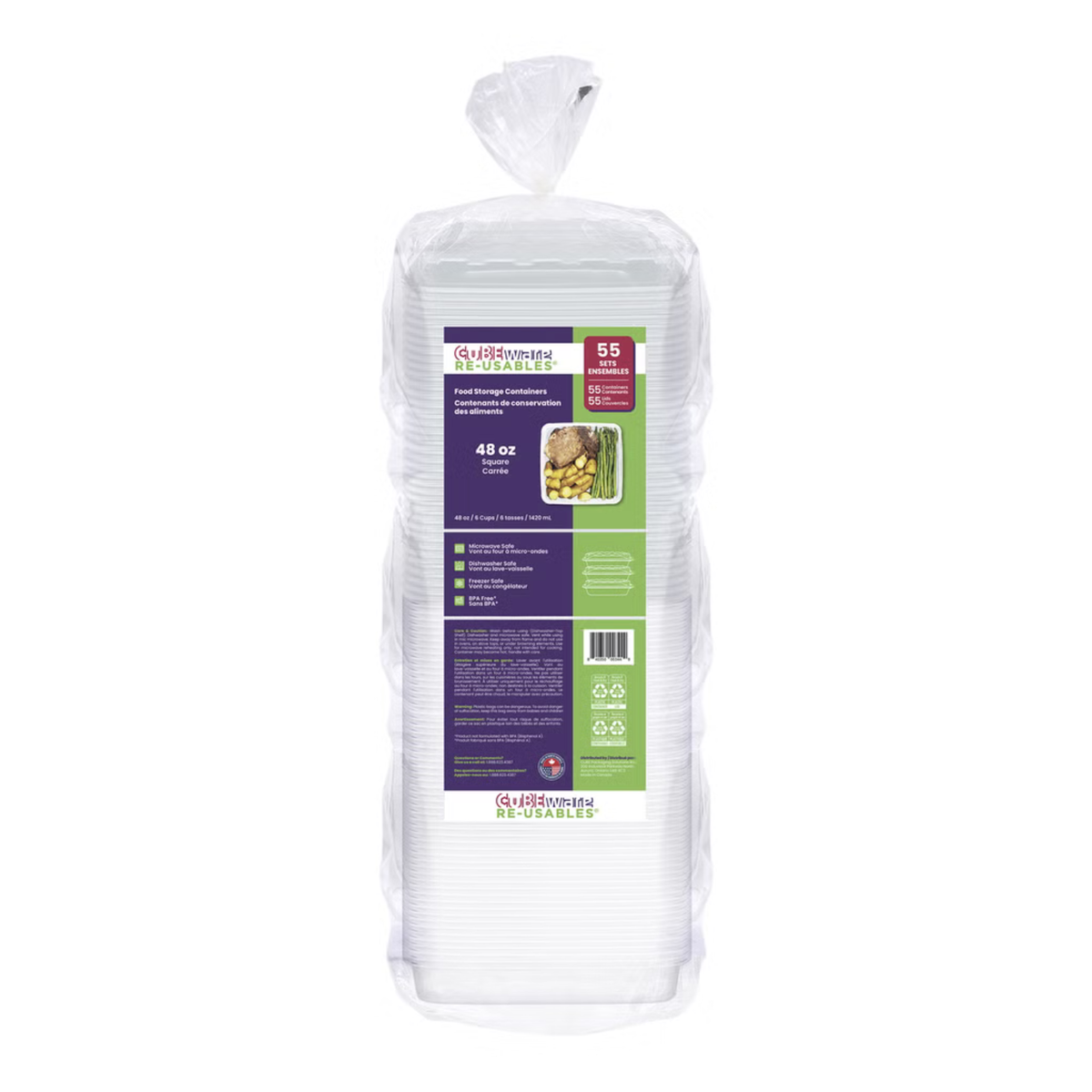CUBEWARE - Contenants Carrée Pour Aliments 48 oz
Paquet de 55 - 48 oz Square Food Containers, 55-Pack