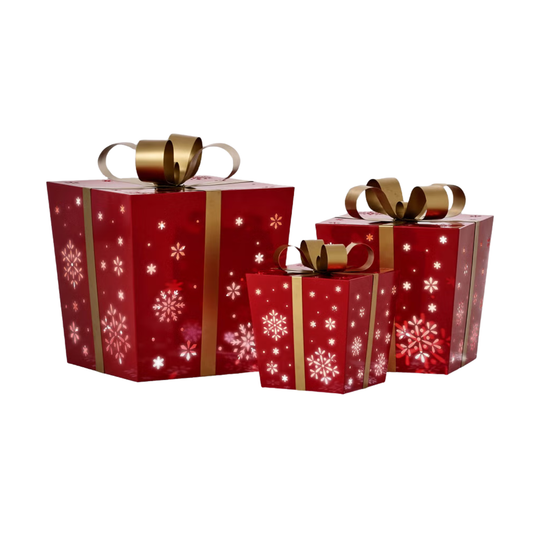 BOÎTES-CADEAUX EN MÉTAL AVEC LUMIÈRES DEL – ENSEMBLE DE 3 - METAL GIFT BOXES WITH LED LIGHTS – SET OF 3
