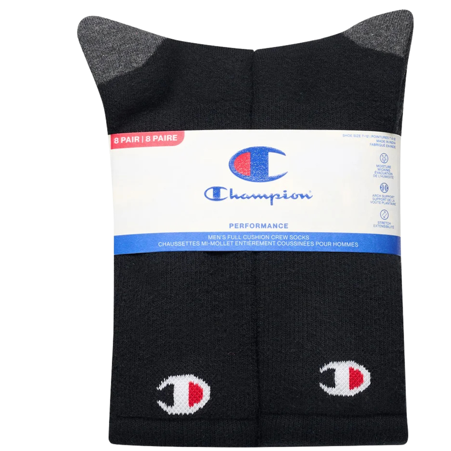 CHAMPION - Paquet de 8 Paires de Chaussettes Mi-Mollet pour Homme-Mens-Crew-Socks-8-Pair-Noir-Black-3952222