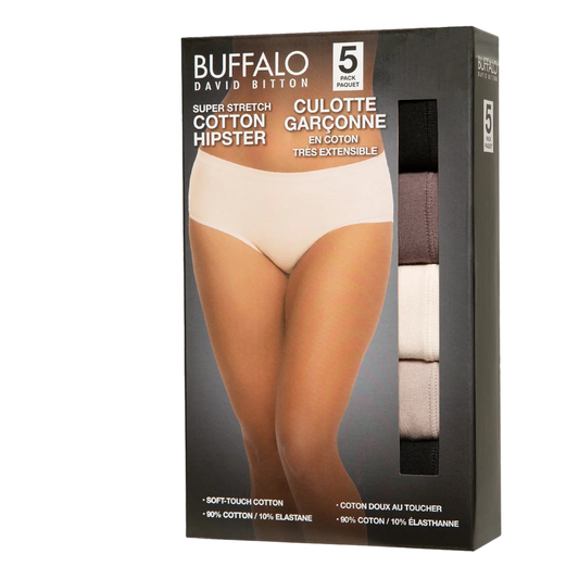 BUFFALO -  Paquet de 5 Culottes Garçonnes pour Femme- 5-Pack-Womens-Cotton-Hipster-Briefs-Noir-Beige-Brun-Black-Brown-2917631-1940821