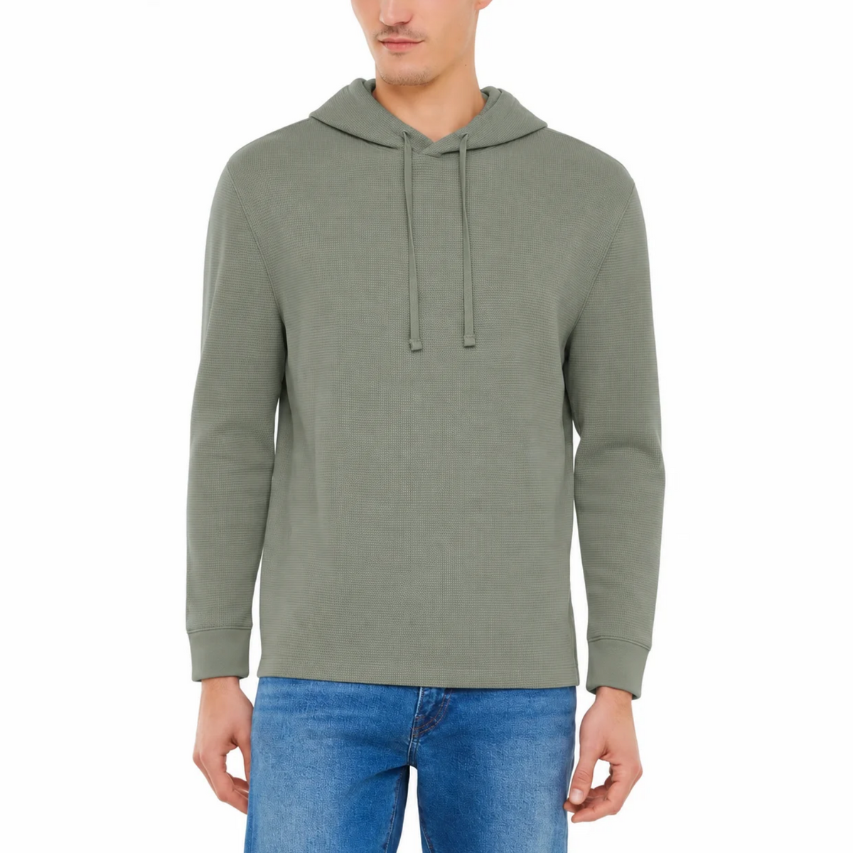 Sweat à capuche GAP pour homme en coton gaufré, coupe décontractée et poignets côtelés. | GAP men's waffle-knit cotton hoodie with relaxed fit and ribbed cuffs