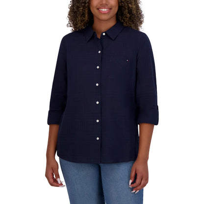 TOMMY HILFIGER - Blouse à Manches Retroussables pour Femme-WOMEN'S-ROLL-TAB-BLOUSE-COSTCO-1863036-NAVY-MARINE