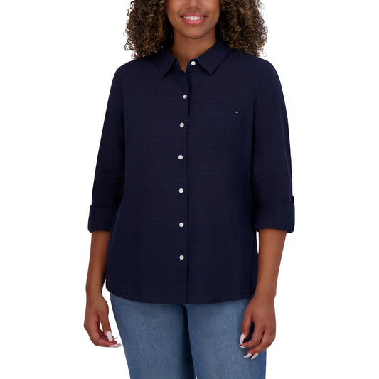 TOMMY HILFIGER - Blouse à Manches Retroussables pour Femme-WOMEN'S-ROLL-TAB-BLOUSE-COSTCO-1863036-NAVY-MARINE