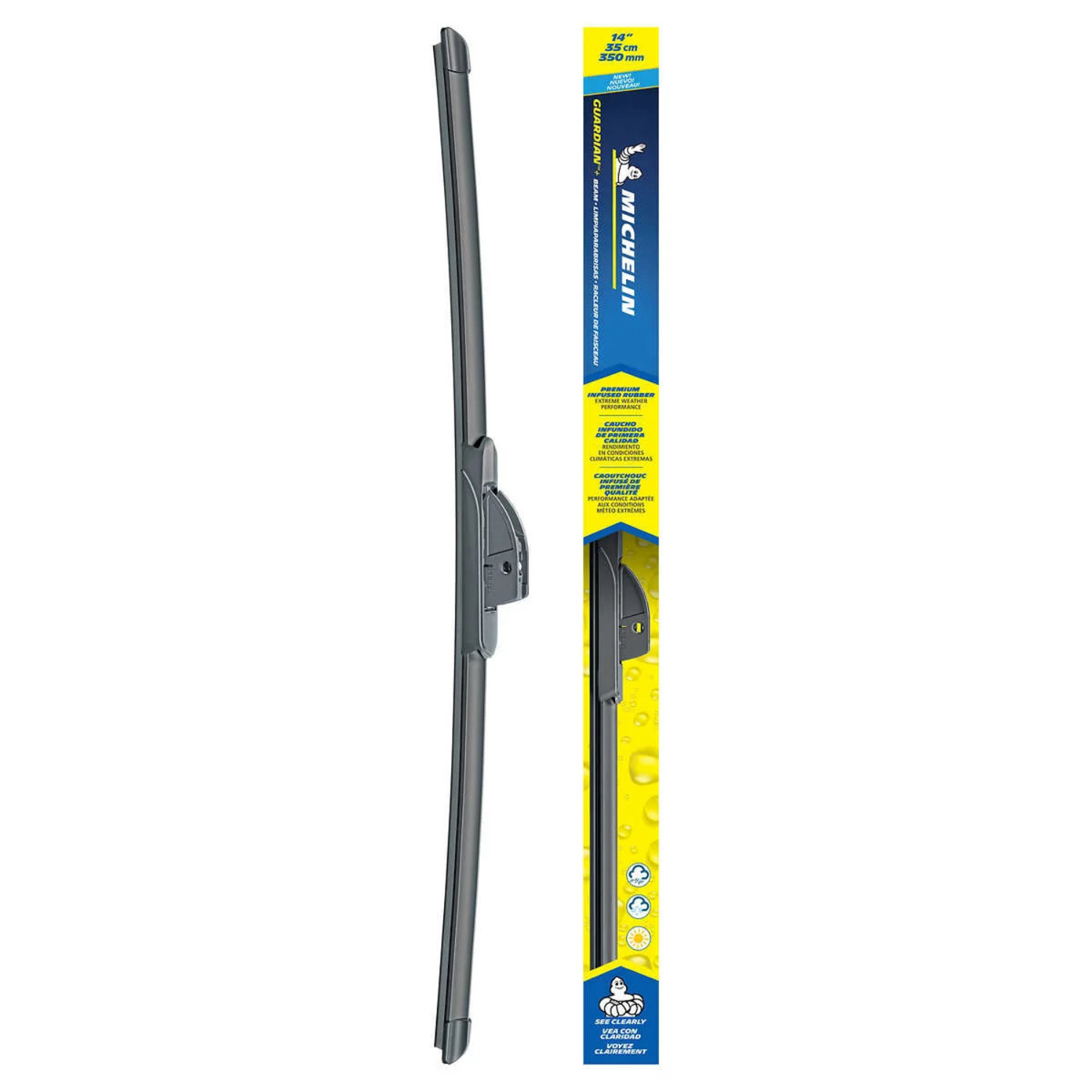 MICHELIN – Balai d’essuie-glace à faisceau Guardian+ avec conception aérodynamique, caoutchouc de qualité supérieure et connecteur Fast-Loc pour une installation facile | MICHELIN – Guardian+ Beam Wiper Blade with aerodynamic design, premium rubber and Fast-Loc connector for easy installation.