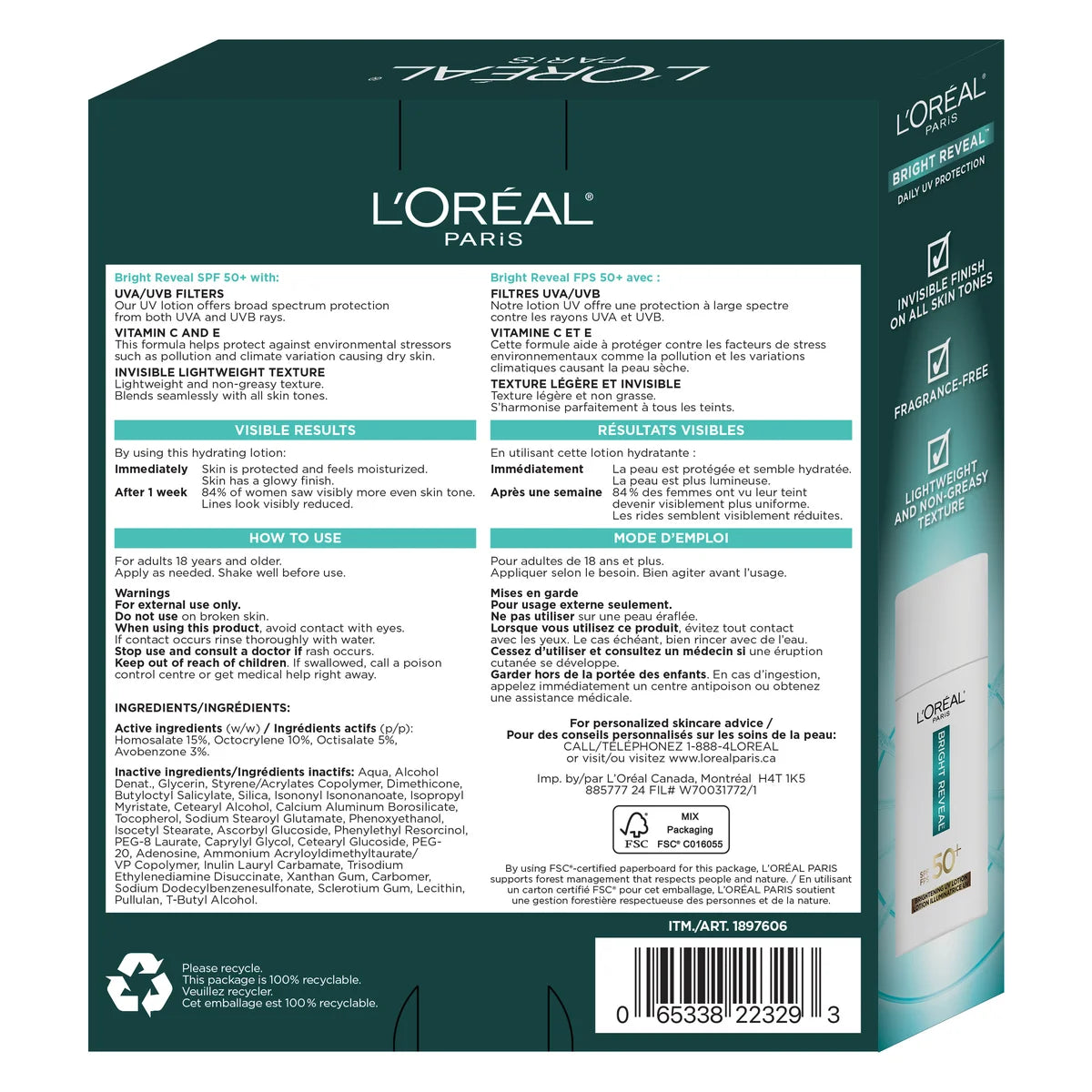 L'ORÉAL PARIS - Paquet de 2 Crèmes Hydratantes Éclaircissantes Quotidiennes pour le Visage FPS 50 et Lotion UV Bright Reveal-PACK-BRIGHTENING-UV-LOTION-DAILY-FACE-MOISTURIZER-COSTCO-189706-2