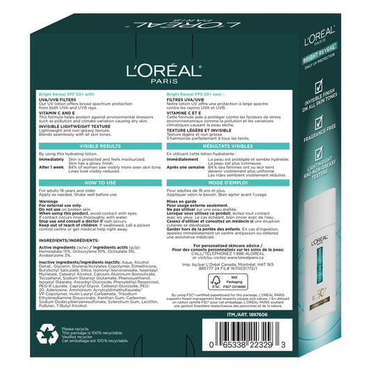 L'ORÉAL PARIS - Paquet de 2 Crèmes Hydratantes Éclaircissantes Quotidiennes pour le Visage FPS 50 et Lotion UV Bright Reveal-PACK-BRIGHTENING-UV-LOTION-DAILY-FACE-MOISTURIZER-COSTCO-189706-2