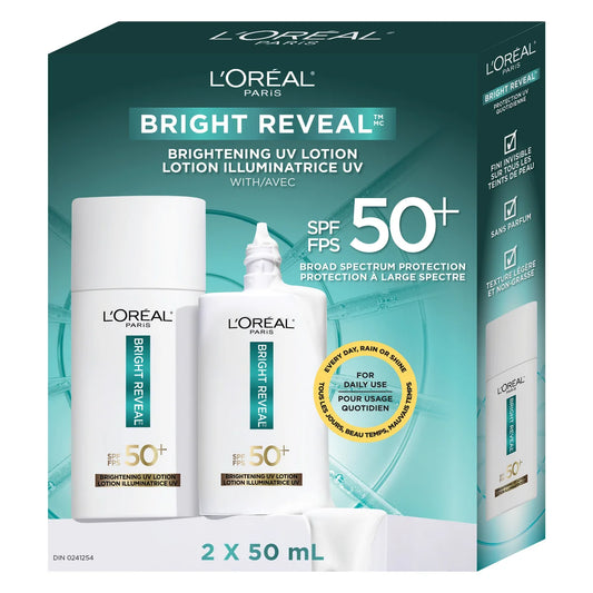 L'ORÉAL PARIS - Paquet de 2 Crèmes Hydratantes Éclaircissantes Quotidiennes pour le Visage FPS 50 et Lotion UV Bright Reveal-PACK-BRIGHTENING-UV-LOTION-DAILY-FACE-MOISTURIZER-COSTCO-189706