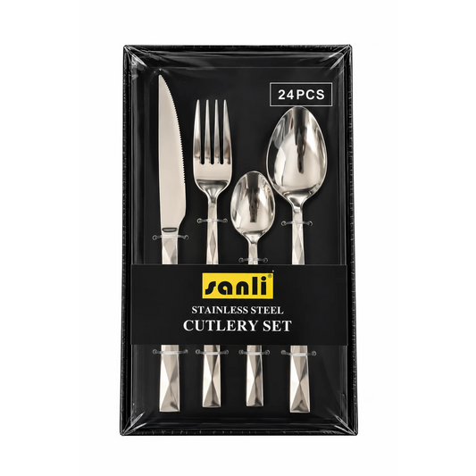 SANLI – Ensemble de 24 couverts en acier inoxydable argent | 24-piece silver stainless steel cutlery set