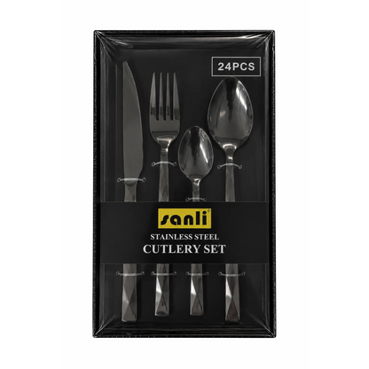 SANLI – Ensemble de 24 couverts en acier inoxydable noir | 24-piece black stainless steel cutlery set