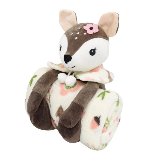 S&CO Copains câlins – Ensemble de jeté imprimé et peluche biche | Printed throw blanket and doe plush toy