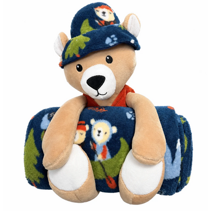 S&CO Copains câlins – Ensemble de jeté imprimé et peluche ourson | Printed throw blanket and bear cub plush toy