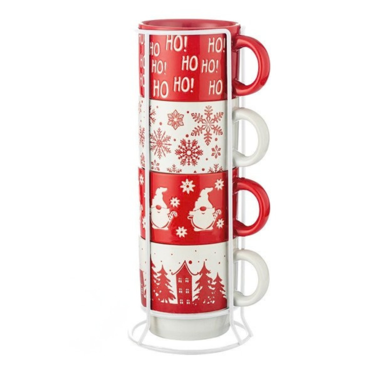 SIGNATURE HOUSEWARE - Ensemble de 4 Tasses avec Tour en Métal motif de gnome - SIGNATURE HOUSEWARE – 4-Piece Gnome-Pattern Mug Set with Metal Stand