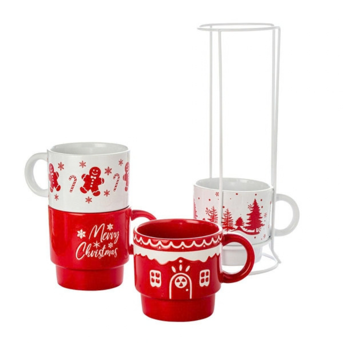 SIGNATURE HOUSEWARE - Ensemble de 4 Tasses avec Tour en Métal motif de Pain d'épice- SIGNATURE HOUSEWARE – 4-Piece Gingerbread-Pattern Mug Set with Metal Stand