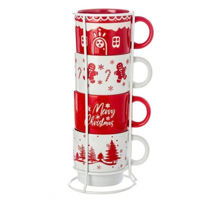 SIGNATURE HOUSEWARE - Ensemble de 4 Tasses avec Tour en Métal motif de Pain d'épice- SIGNATURE HOUSEWARE – 4-Piece Gingerbread-Pattern Mug Set with Metal Stand