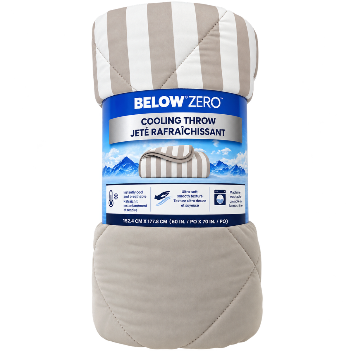 BELOW ZERO – Jeté rafraîchissant beige et blanc à rayures, instantanément frais au toucher, avec texture ultra-douce et soyeuse, lavable à la machine | BELOW ZERO – Beige and white striped cooling throw blanket, instantly cool to the touch, with an ultra-soft, silky texture, machine washable.