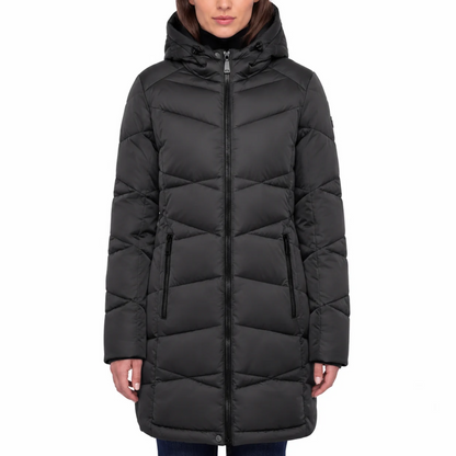 etage denamrk- Manteau matelassé à capuchon pour femme gris foncé | etage denmark - Women's Long Quilted Hooded Coat dark grey
