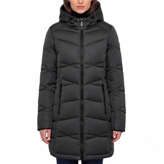 etage denamrk- Manteau matelassé à capuchon pour femme gris foncé | etage denmark - Women's Long Quilted Hooded Coat dark grey