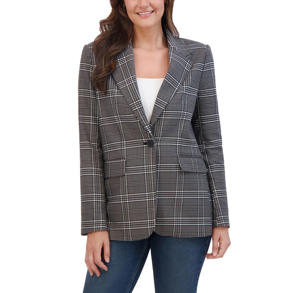 french-connection-veston-pour-femme-women's-blazer-costco-1819604-gris-grey-carreaux-checkered-2