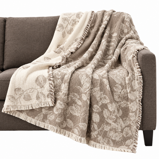LIFE COMFORT - Jeté en coton réversible gris et beige motif de feuille | LIFE COMFORT - Reversible cotton throw, grey and beige, leaf design