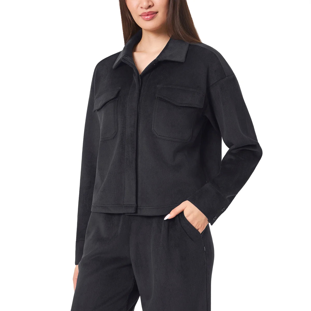 MONDETTA - Veste Courte Texture Velours Côtelé pour Femme-Womens-Cropped-Corduroy-Texture-Shirt-Noir-Black-1922940-1925854