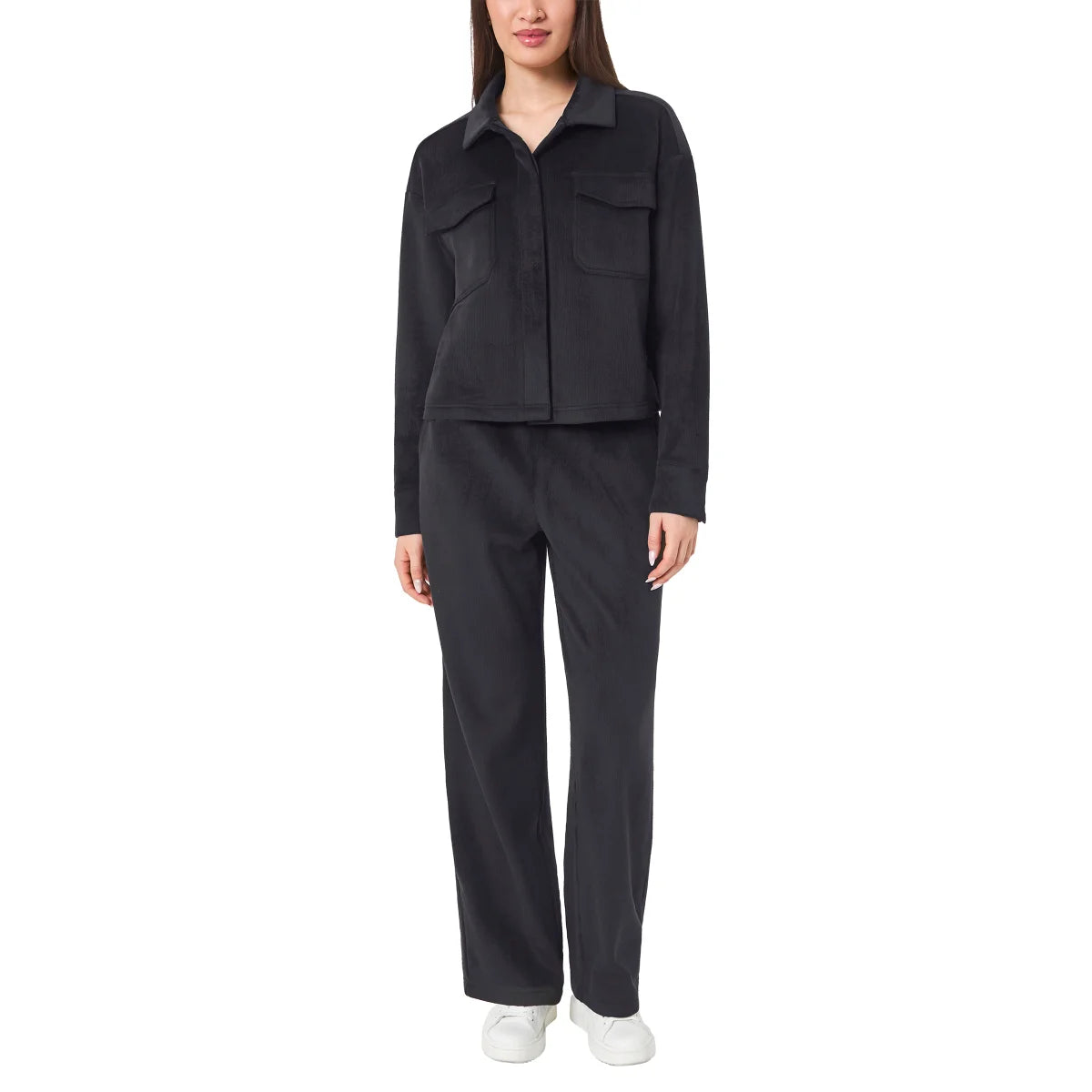 MONDETTA - Veste Courte Texture Velours Côtelé pour Femme-Womens-Cropped-Corduroy-Texture-Shirt-Noir-Black-1922940-1925854