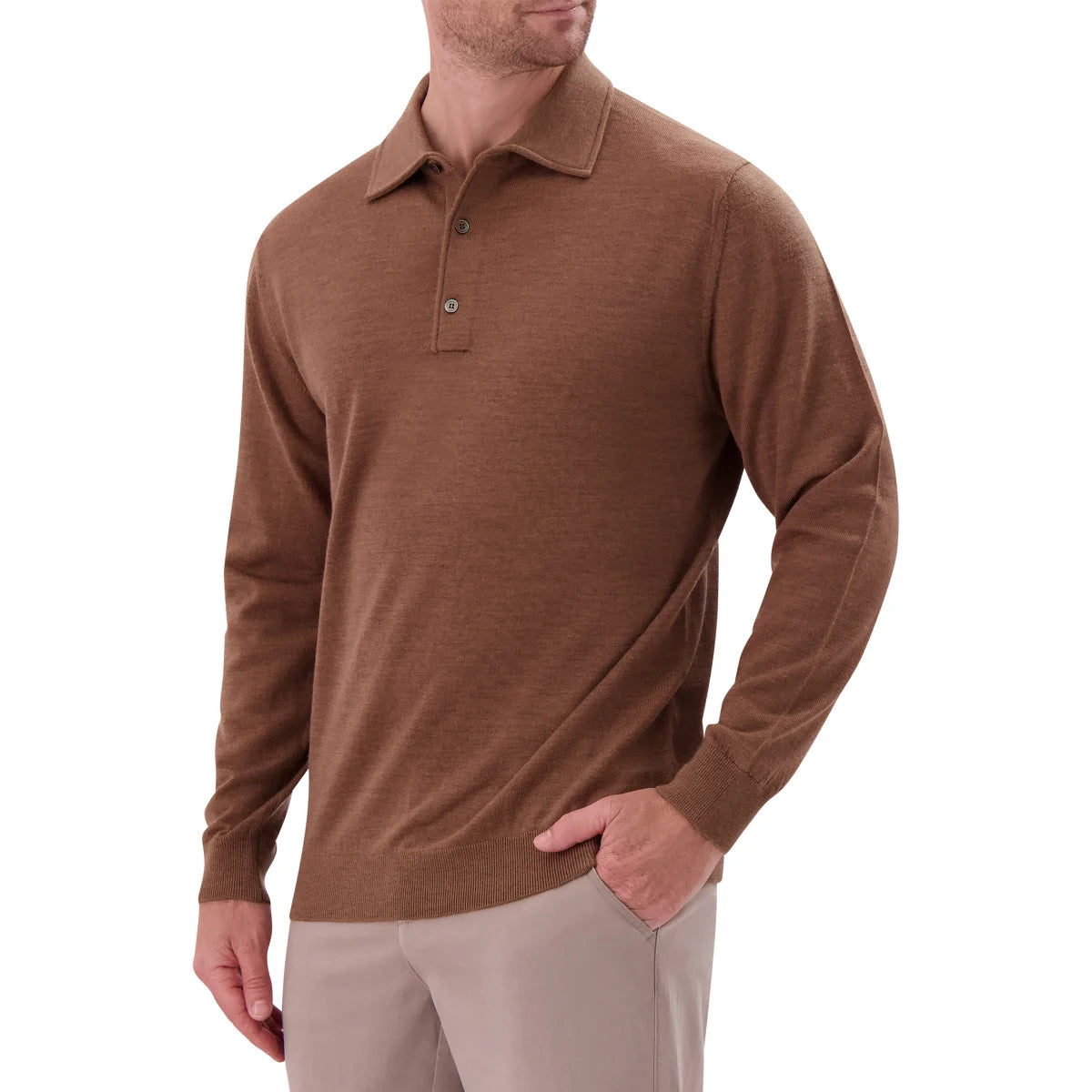 MODERN ENGLISH - Polo à Manches Longues en Laine Mérinos pour Homme-Mens-Long-Sleeve-Merino-Wool-Polo-Sweater-Brun-Brown-1938388-1942607