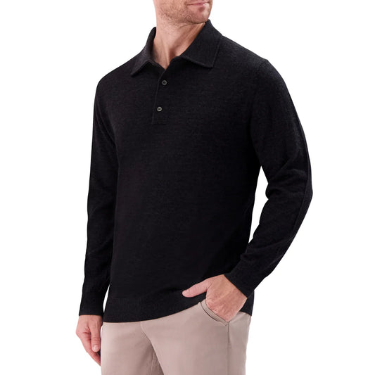 MODERN ENGLISH - Polo à Manches Longues en Laine Mérinos pour Homme-Mens-Long-Sleeve-Merino-Wool-Polo-Sweater-Noir-Black-1938388-1942605