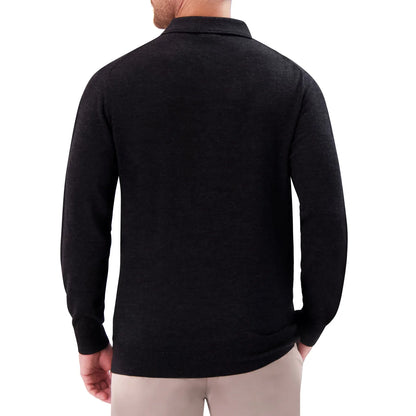 MODERN ENGLISH - Polo à Manches Longues en Laine Mérinos pour Homme-Mens-Long-Sleeve-Merino-Wool-Polo-Sweater-Noir-Black-1938388-1942605