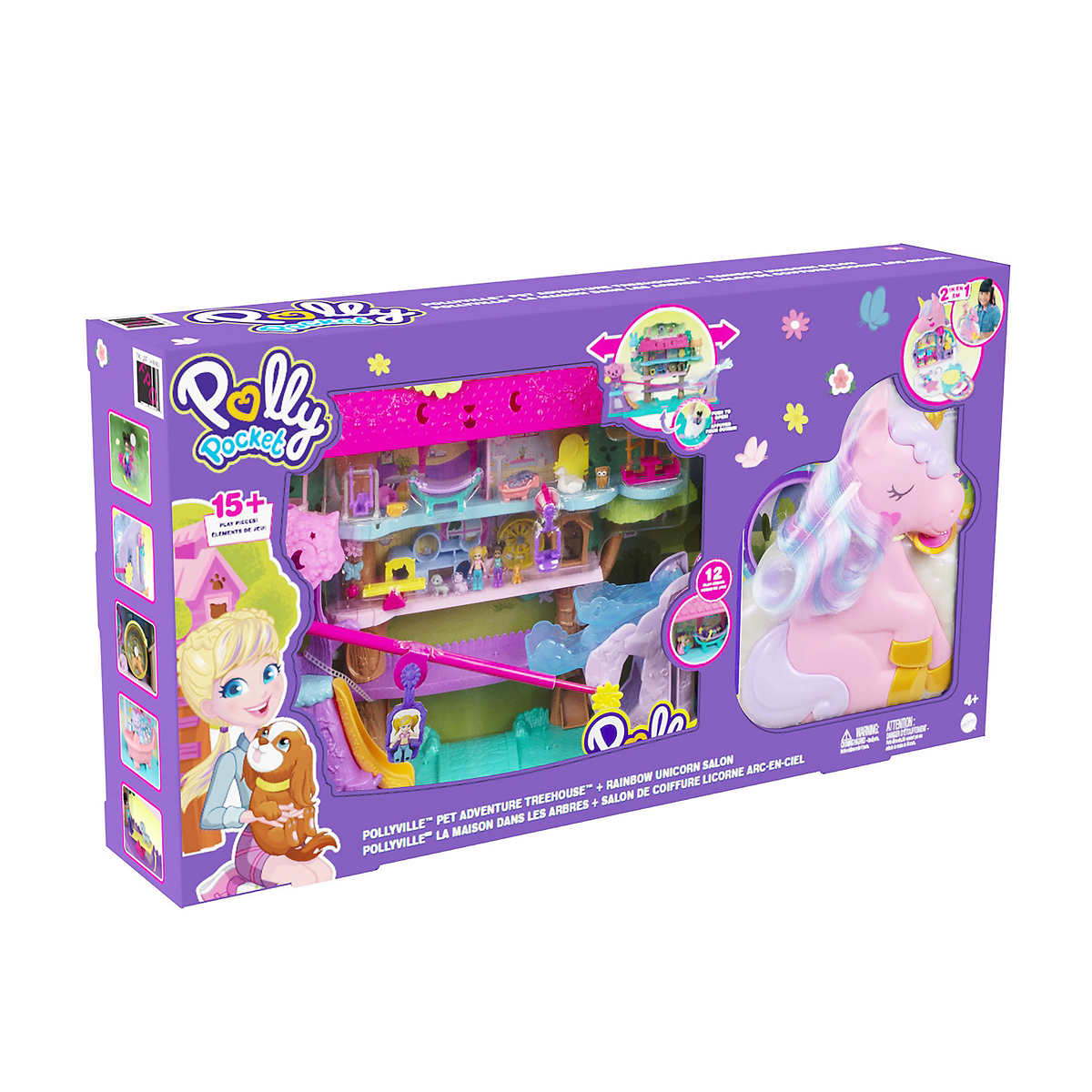 polly-pocket-pollyville-maison-arbres-salon-coiffure-licorne-arc-en-ciel-pet-adventure-treehouse-rainbow-unicorn-salon