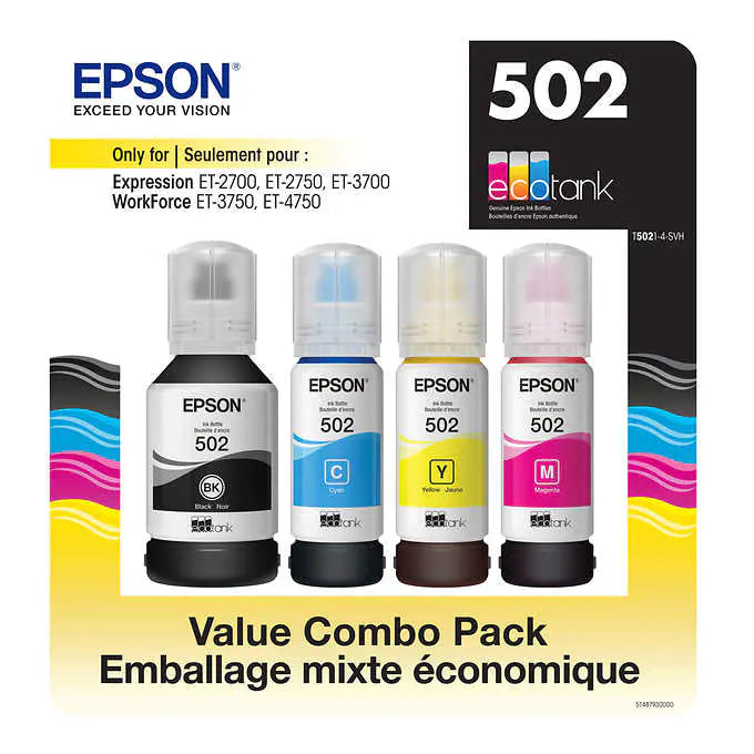 EPSON - Paquet de 4 Bouteilles d'Encre Noir et de Couleur T502